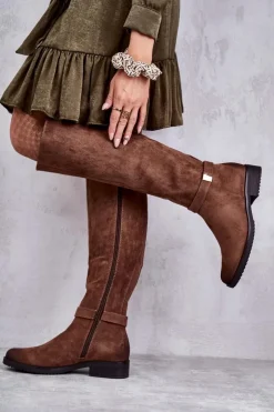 Buty damskie Vinceza Kozaki Przed Kolano|Kozaki Zamszowe*Zamszowe Damskie Kozaki Na Płaskim Obcasie Brązowe Henrike