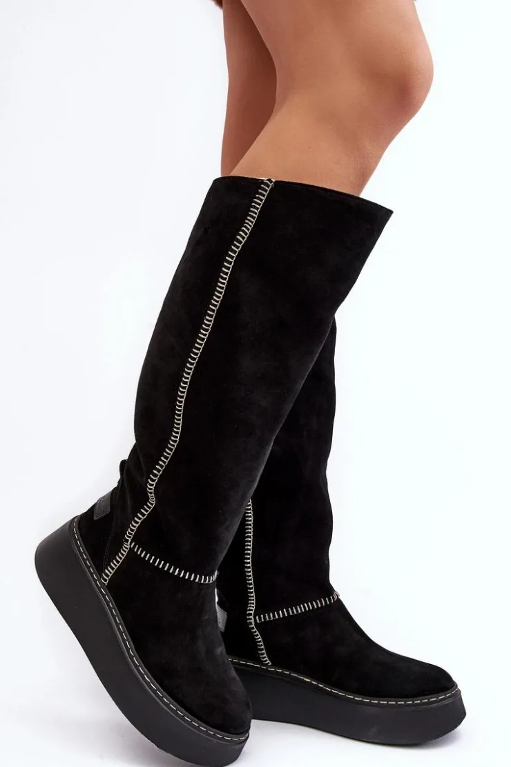 Damskie Maciejka Zamszowe Damskie Kozaki Na Masywnej Platformie 06312-01 Czarne