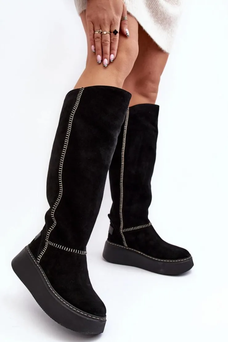 Damskie Maciejka Zamszowe Damskie Kozaki Na Masywnej Platformie 06312-01 Czarne