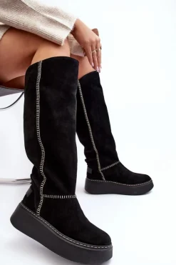 Damskie Maciejka Zamszowe Damskie Kozaki Na Masywnej Platformie 06312-01 Czarne