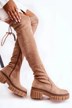 Best Boto Zamszowe Damskie Kozaki Za Kolano Beżowe Cheera