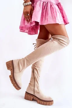 Damskie Boto Zamszowe Damskie Kozaki Za Kolano Jasnobeżowe Cheera