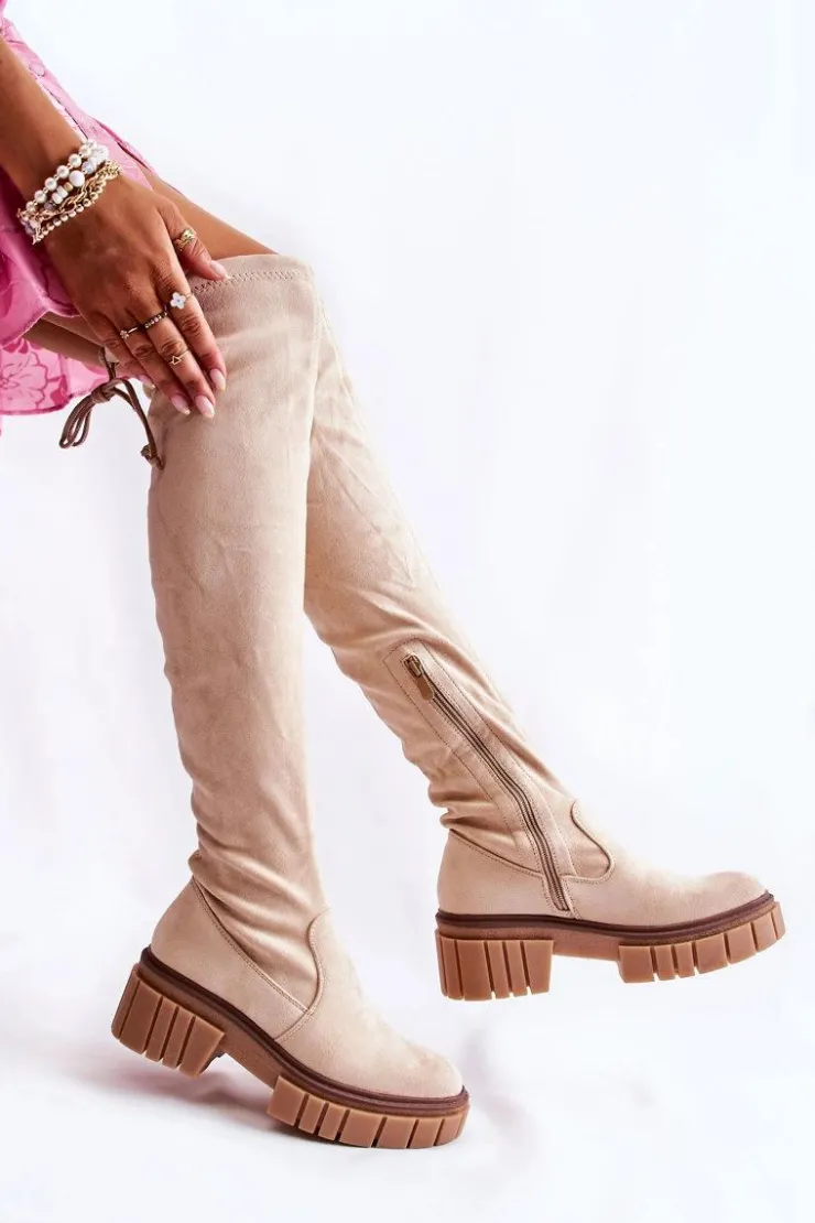 Damskie Boto Zamszowe Damskie Kozaki Za Kolano Jasnobeżowe Cheera