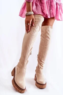 Damskie Boto Zamszowe Damskie Kozaki Za Kolano Jasnobeżowe Cheera