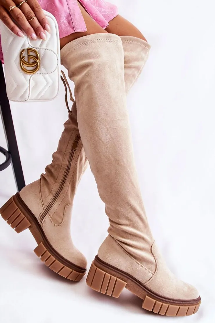 Damskie Boto Zamszowe Damskie Kozaki Za Kolano Jasnobeżowe Cheera