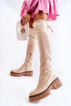 Damskie Boto Zamszowe Damskie Kozaki Za Kolano Jasnobeżowe Cheera