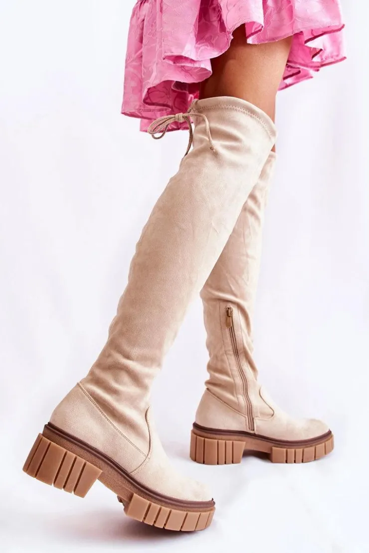 Damskie Boto Zamszowe Damskie Kozaki Za Kolano Jasnobeżowe Cheera