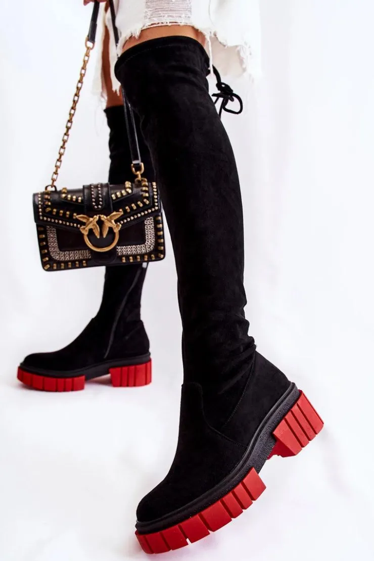 Boto Muszkieterki|Kozaki Wiosenne*Zamszowe Damskie Kozaki Za Kolano Czarno-Czerwone Cheera