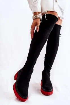 Boto Muszkieterki|Kozaki Wiosenne*Zamszowe Damskie Kozaki Za Kolano Czarno-Czerwone Cheera