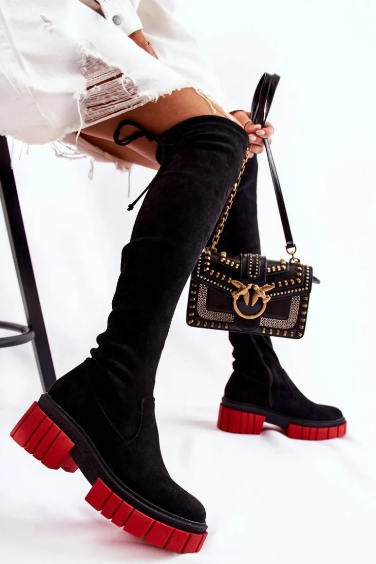 Boto Muszkieterki|Kozaki Wiosenne*Zamszowe Damskie Kozaki Za Kolano Czarno-Czerwone Cheera