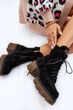 Boto Damskie Trapery|Botki Sznurowane*Zamszowe Damskie Ocieplane Botki Trapery Czarne Lemar Rehin