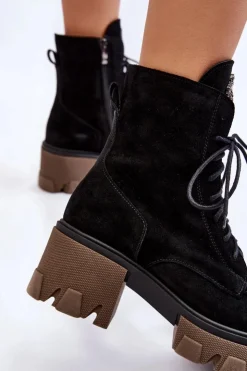 Boto Damskie Trapery|Botki Sznurowane*Zamszowe Damskie Ocieplane Botki Trapery Czarne Lemar Rehin