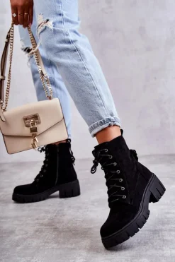 Boto Botki Sznurowane|Czarne Botki*Zamszowe Damskie Ocieplane Botki Na Suwak Czarne Emilien