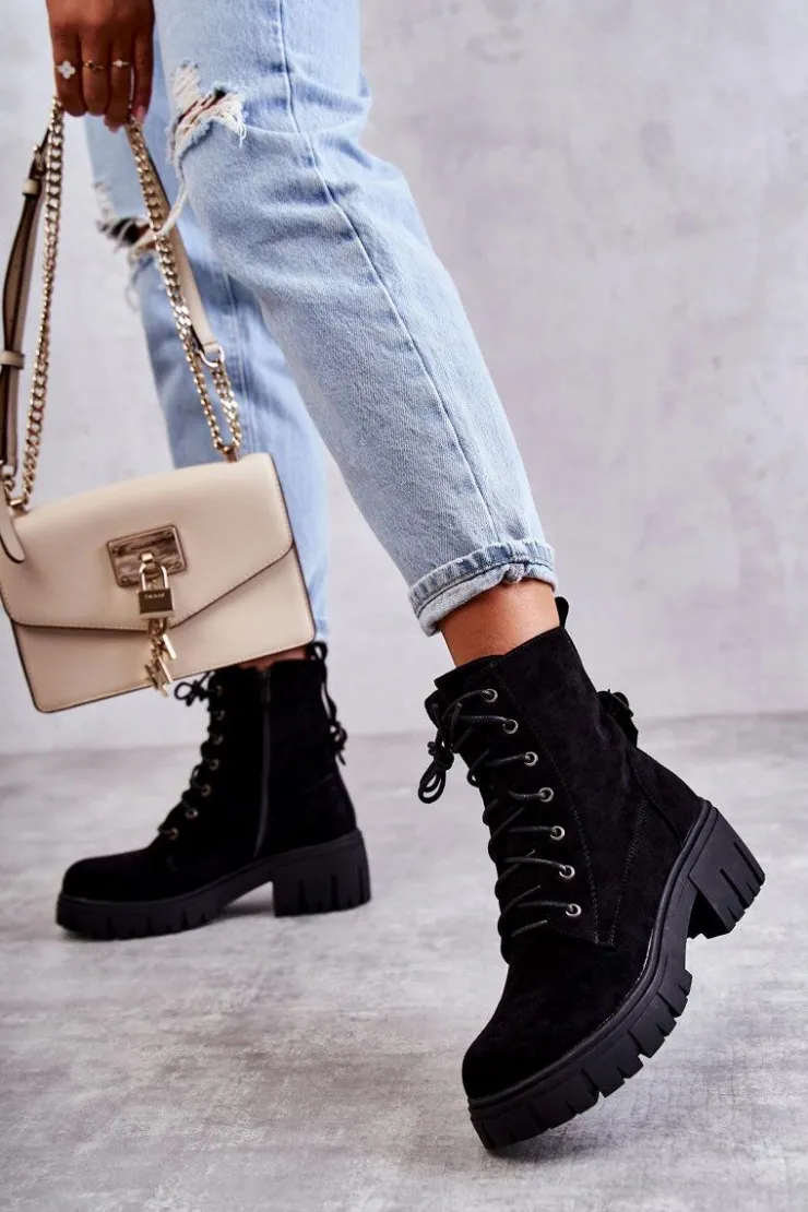 Boto Botki Sznurowane|Czarne Botki*Zamszowe Damskie Ocieplane Botki Na Suwak Czarne Emilien