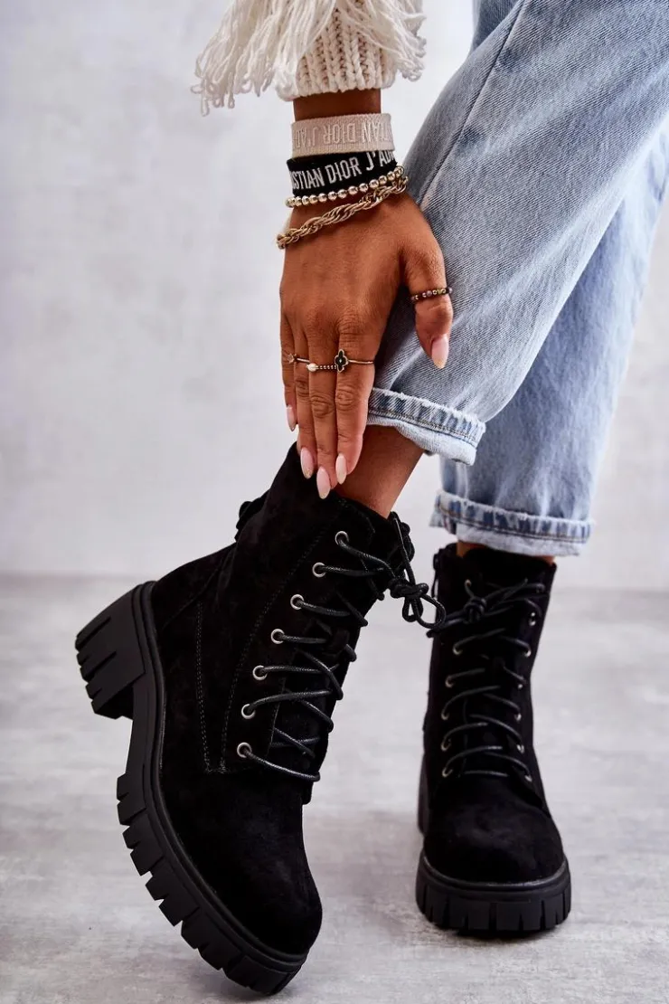 Boto Botki Sznurowane|Czarne Botki*Zamszowe Damskie Ocieplane Botki Na Suwak Czarne Emilien