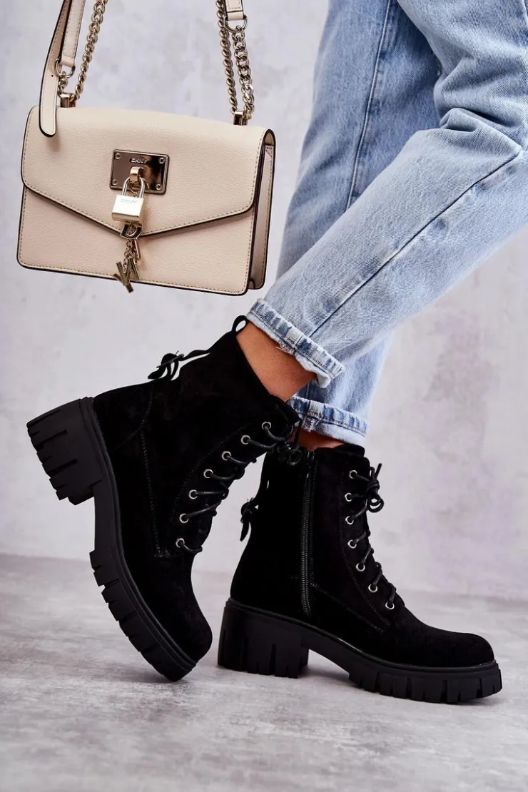 Boto Botki Sznurowane|Czarne Botki*Zamszowe Damskie Ocieplane Botki Na Suwak Czarne Emilien