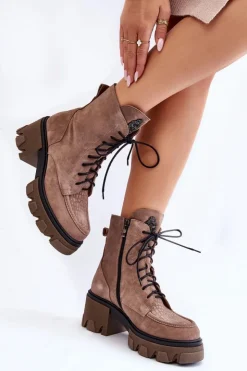 Damskie Boto Zamszowe Damskie Ocieplane Botki Trapery Jasnobrązowe Lemar Rehin