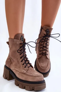 Damskie Boto Zamszowe Damskie Ocieplane Botki Trapery Jasnobrązowe Lemar Rehin