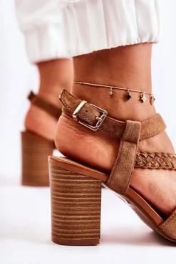 Damskie Evento Zamszowe Damskie Sandały Na Słupku Camel Elora