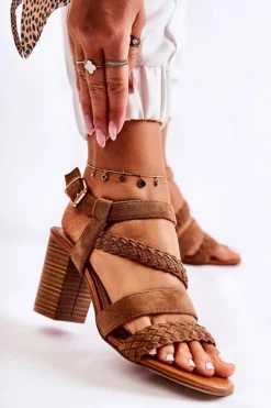 Damskie Evento Zamszowe Damskie Sandały Na Słupku Camel Elora