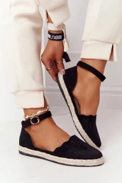 Damskie buty S.Barski Czarne Espadryle*Zamszowe Espadryle Na Słomkowej Podeszwie S.Barski Czarne