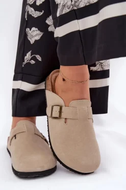 Big Star Shoes Klapki Damskie Big Star|Klapki Na Platformie*Zamszowe Klapki Chodaki Damskie Z Klamrą Big Star RR274A385 Beżowe