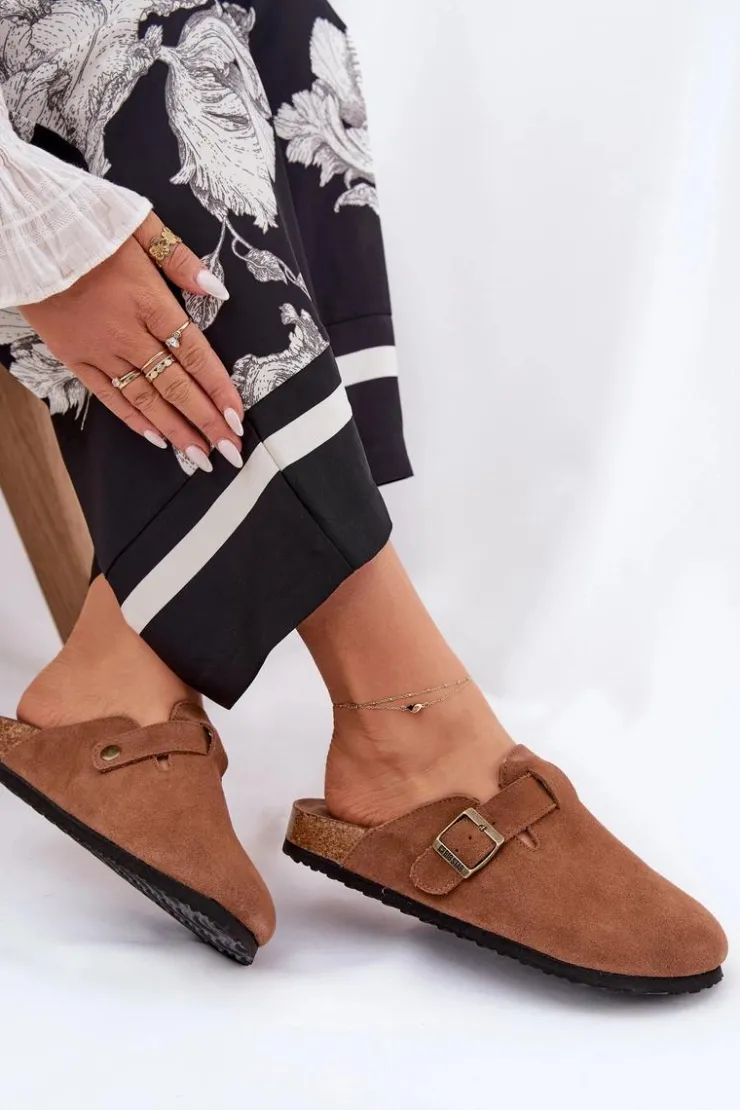 Damskie Big Star Shoes Zamszowe Klapki Chodaki Damskie Z Klamrą Big Star RR274A387 Brązowe