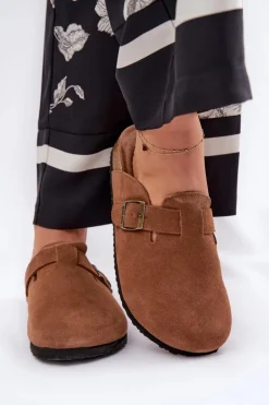 Damskie Big Star Shoes Zamszowe Klapki Chodaki Damskie Z Klamrą Big Star RR274A387 Brązowe