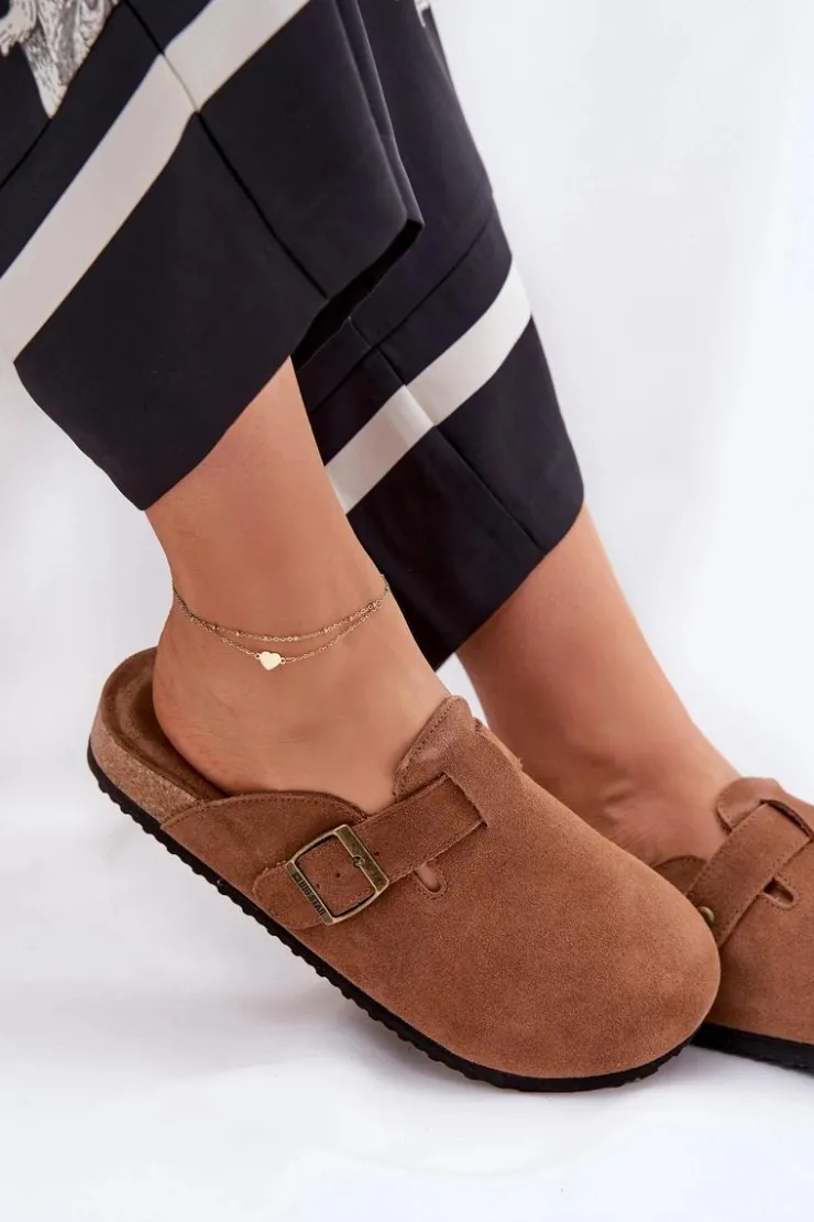 Damskie Big Star Shoes Zamszowe Klapki Chodaki Damskie Z Klamrą Big Star RR274A387 Brązowe