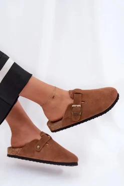 Damskie Big Star Shoes Zamszowe Klapki Chodaki Damskie Z Klamrą Big Star RR274A387 Brązowe