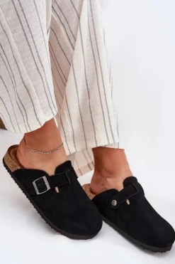 Big Star Shoes Klapki Damskie Big Star|Klapki Na Platformie*Zamszowe Klapki Chodaki Damskie Z Klamrą Big Star RR274A384 Czarne Czarny