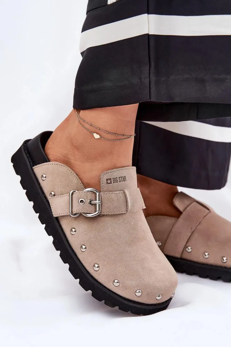 Big Star Shoes Klapki Damskie Big Star|Klapki Na Platformie*Zamszowe Klapki Chodaki Damskie Na Platformie Big Star RR274A376 Beżowe Beżowy