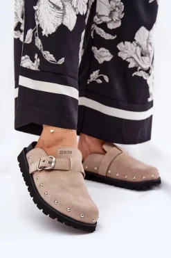 Big Star Shoes Klapki Damskie Big Star|Klapki Na Platformie*Zamszowe Klapki Chodaki Damskie Na Platformie Big Star RR274A376 Beżowe Beżowy