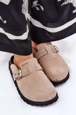 Big Star Shoes Klapki Damskie Big Star|Klapki Na Platformie*Zamszowe Klapki Chodaki Damskie Na Platformie Big Star RR274A376 Beżowe Beżowy