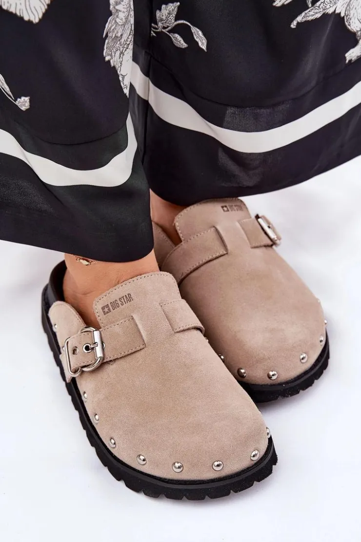 Big Star Shoes Klapki Damskie Big Star|Klapki Na Platformie*Zamszowe Klapki Chodaki Damskie Na Platformie Big Star RR274A376 Beżowe Beżowy