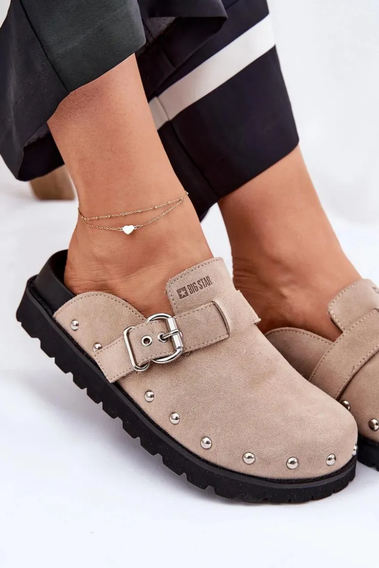 Big Star Shoes Klapki Damskie Big Star|Klapki Na Platformie*Zamszowe Klapki Chodaki Damskie Na Platformie Big Star RR274A376 Beżowe Beżowy