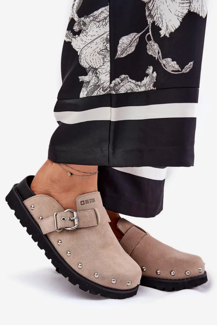 Big Star Shoes Klapki Damskie Big Star|Klapki Na Platformie*Zamszowe Klapki Chodaki Damskie Na Platformie Big Star RR274A376 Beżowe Beżowy