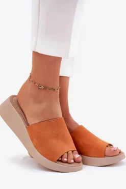 Damskie Panto Fino Zamszowe Klapki Damskie Na Koturnie RR267039 Pomarańczowe