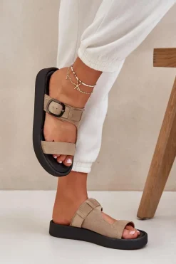 Damskie Zazoo Zamszowe Klapki Damskie Na Platformie 3024 Beżowe