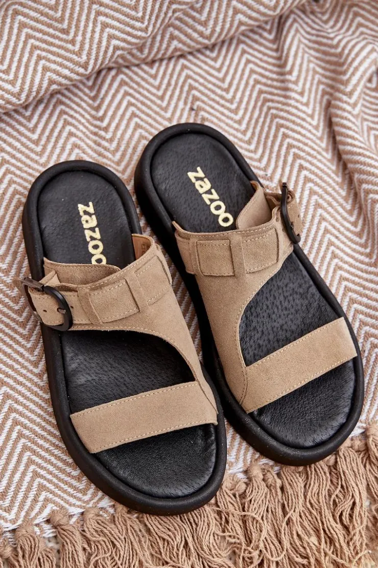 Damskie Zazoo Zamszowe Klapki Damskie Na Platformie 3024 Beżowe