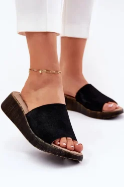 Panto Fino Klapki Na Koturnie|Klapki Damskie Klasyczne*Zamszowe Klapki Damskie Na Koturnie RR267043 Czarne