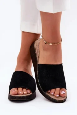 Panto Fino Klapki Na Koturnie|Klapki Damskie Klasyczne*Zamszowe Klapki Damskie Na Koturnie RR267043 Czarne