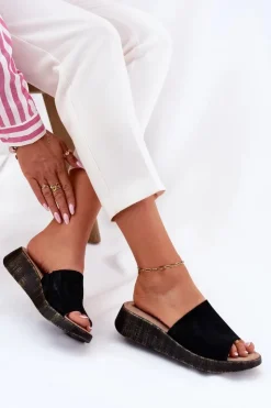 Panto Fino Klapki Na Koturnie|Klapki Damskie Klasyczne*Zamszowe Klapki Damskie Na Koturnie RR267043 Czarne