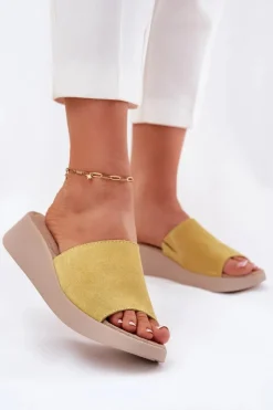 Damskie Panto Fino Zamszowe Klapki Damskie Na Koturnie RR267038 Żółte