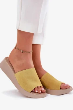 Damskie Panto Fino Zamszowe Klapki Damskie Na Koturnie RR267038 Żółte