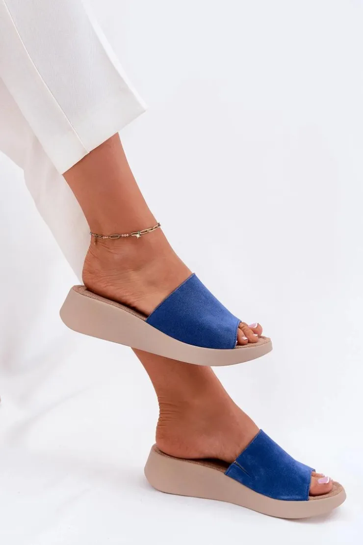 Panto Fino Klapki Na Koturnie|Klapki Damskie Klasyczne*Zamszowe Klapki Damskie Na Koturnie RR267041 Niebieskie