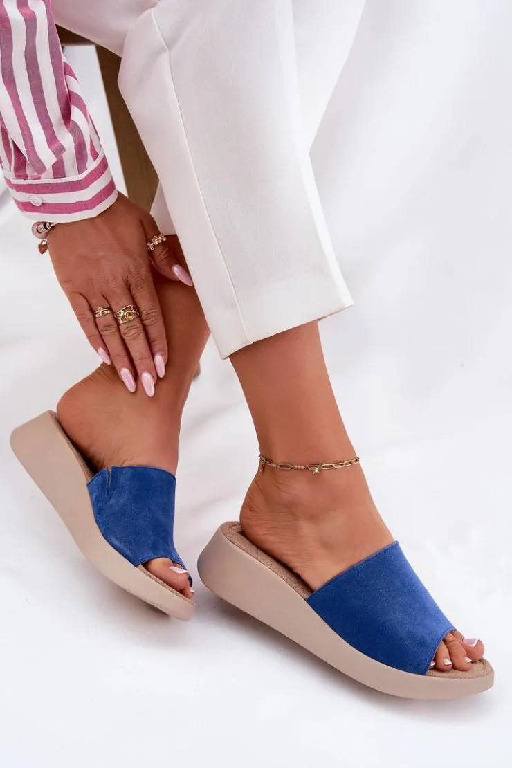 Panto Fino Klapki Na Koturnie|Klapki Damskie Klasyczne*Zamszowe Klapki Damskie Na Koturnie RR267041 Niebieskie