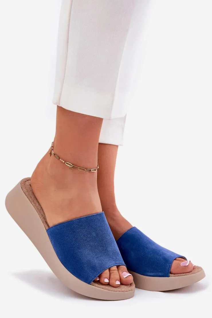 Panto Fino Klapki Na Koturnie|Klapki Damskie Klasyczne*Zamszowe Klapki Damskie Na Koturnie RR267041 Niebieskie