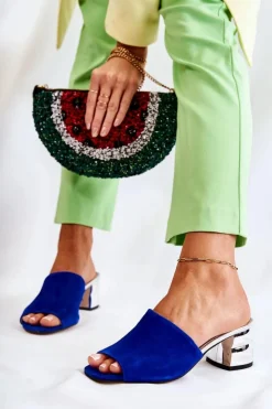 Damskie Boto Zamszowe Klapki Damskie Na Obcasie Granatowe Perry