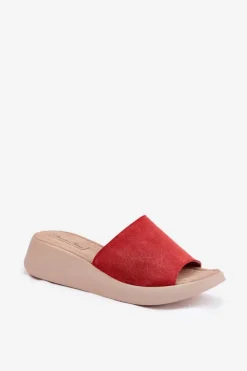 Panto Fino Zamszowe Klapki Damskie Na Koturnie RR267040 Czerwone